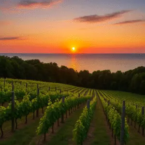 Sunset over a vineyard overlooking Lake Michigan, representing top Southwest Michigan attractions