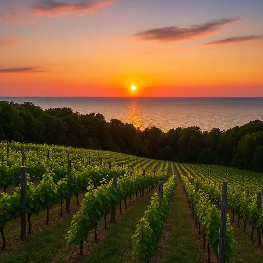 Sunset over a vineyard overlooking Lake Michigan, representing top Southwest Michigan attractions
