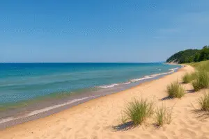 Lake Michigan beach with golden sand, dune grass, and blue water in Southwest Michigan
