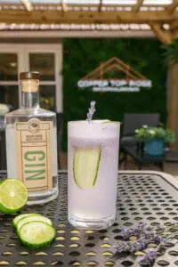 Lavender Cucumber Gin Fizz at Copper Top Ridge Pergola Patio Cucumber Lavender Gin Fizz