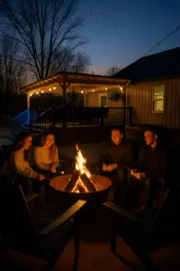 Visiting New Buffalo in September includes cozy evenings by the fire pit with friends at Copper Top Ridge.