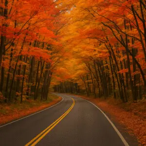 Winding road through vibrant fall foliage in the Tunnel of Trees, a top destination for fall color in Southwest Michigan