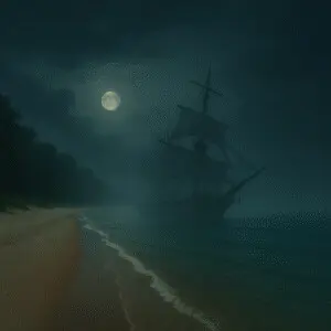 A ghostly schooner appears in the moonlit fog along Lake Michigan’s shoreline, illustrating the haunted history of Southwest Michigan.