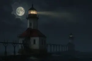 Haunted St. Joseph Lighthouse – Lake Michigan Haunted lighthouse at night in St. Joseph, tied to the haunted history of Southwest Michigan