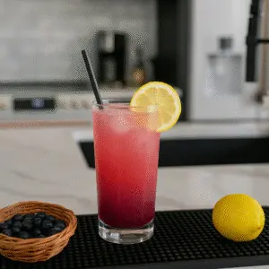 Huckleberry Lemonade Cocktail at Copper Top Ridge Huckleberry Lemonade cocktail on a white marble countertop at Copper Top Ridge, garnished with a lemon wheel and surrounded by fresh huckleberries and a whole lemon on a black bar mat.