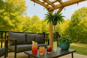Late-summer cocktails served under the pergola at Copper Top Ridge, including a Featherbone Rye Boulevardier, huckleberry lemonade, smoky peach smash, and lavender cucumber gin fizz — all styled on a cozy patio surrounded by forest greenery.