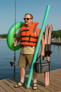 Get on Lake Michigan without a boat — man in full gear with fishing rod, life jacket, cooler, and pool noodle stands on a dock ready to float.