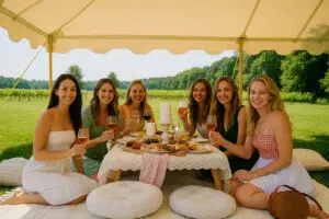 Five young women enjoying a vineyard picnic under a sunlit canopy, surrounded by charcuterie, wine, and cozy boho-style decor.