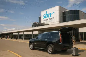 Black luxury SUV parked at South Bend International Airport with travelers and luggage bustling around the curbside drop-off zone.