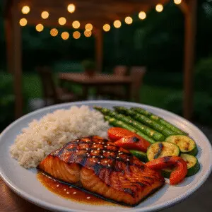 Grilled teriyaki salmon with jasmine rice and vegetables served outdoors under string lights