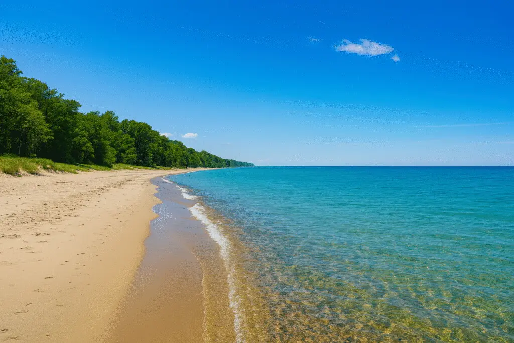 Lake Michigan shoreline in New Buffalo, Michigan on a summer day—clear water, sandy beach, and green forest, ideal for a weekend getaway from Chicago