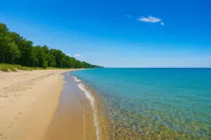 Summer Weekend Getaway from Chicago – Lake Michigan Beach in New Buffalo Lake Michigan shoreline in New Buffalo, Michigan on a summer day—clear water, sandy beach, and green forest, ideal for a weekend getaway from Chicago, or summer getaways from indianapolis
