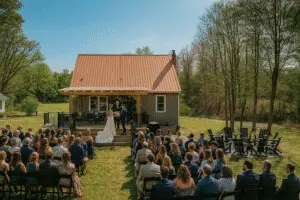 Outdoor wedding reception space surrounded by trees at Copper Top Ridge event venue