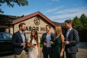Five friends enjoying red wine outside Tabor Hill Winery on a sunny day during a Southwest Michigan vineyard tour.