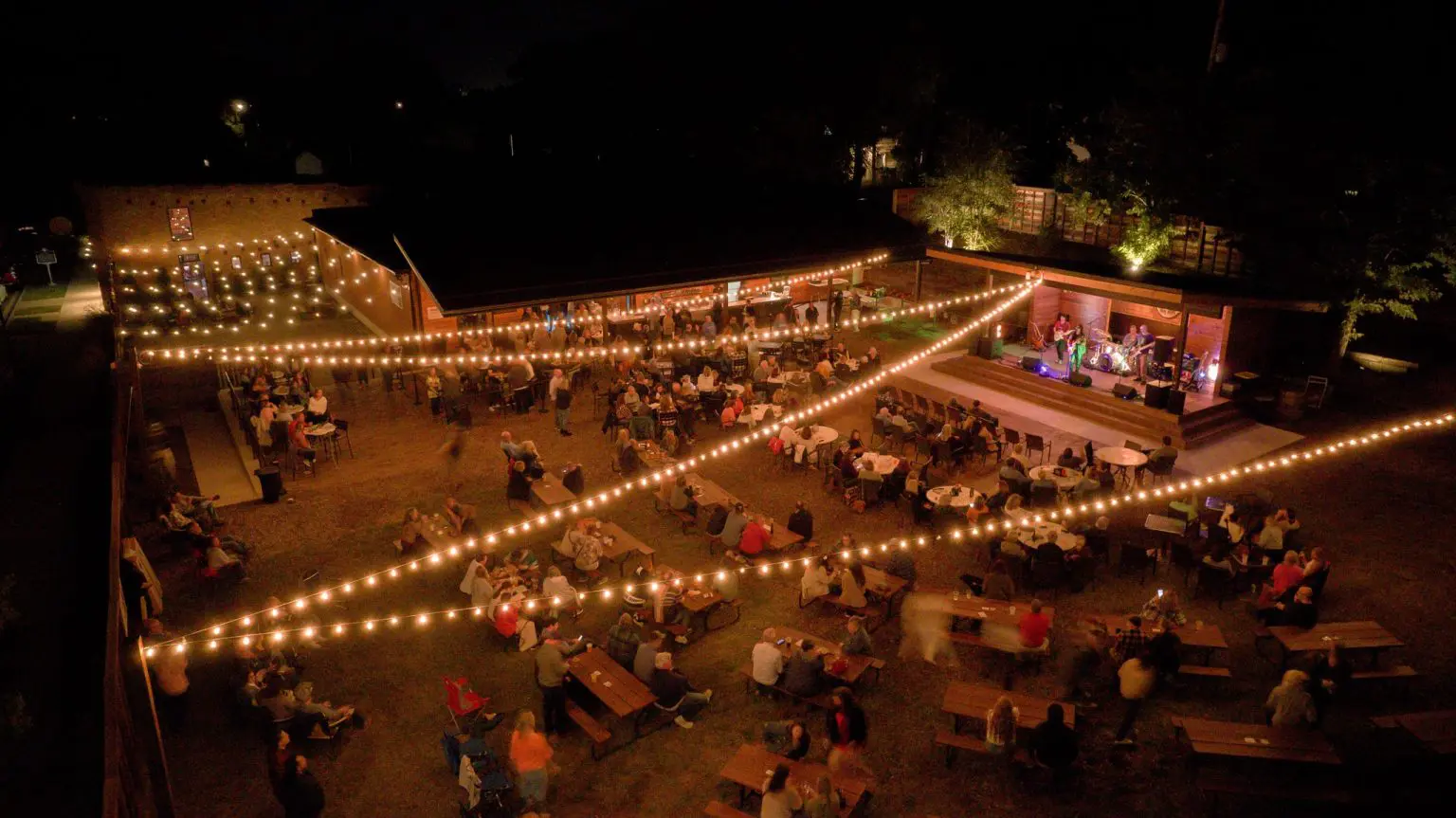 Outdoor live music at night in the beer garden at Zorn Brew Works, Michigan City