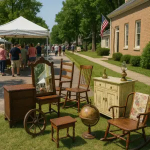 Antiquing along the Old Sauk Trail during the US-12 Garage Sale, with shoppers browsing vintage furniture, signage, and collectibles at an outdoor roadside market.