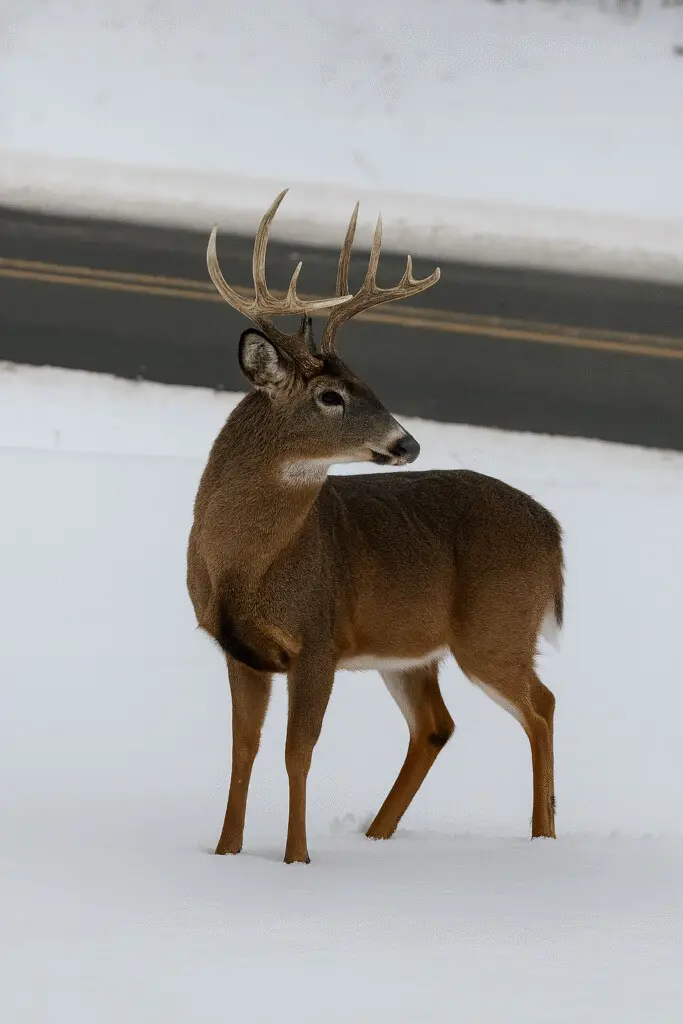Wildlife in Southwest Michigan includes majestic white-tailed deer like this antlered buck, pictured in a snowy natural landscape near Copper Top Ridge.