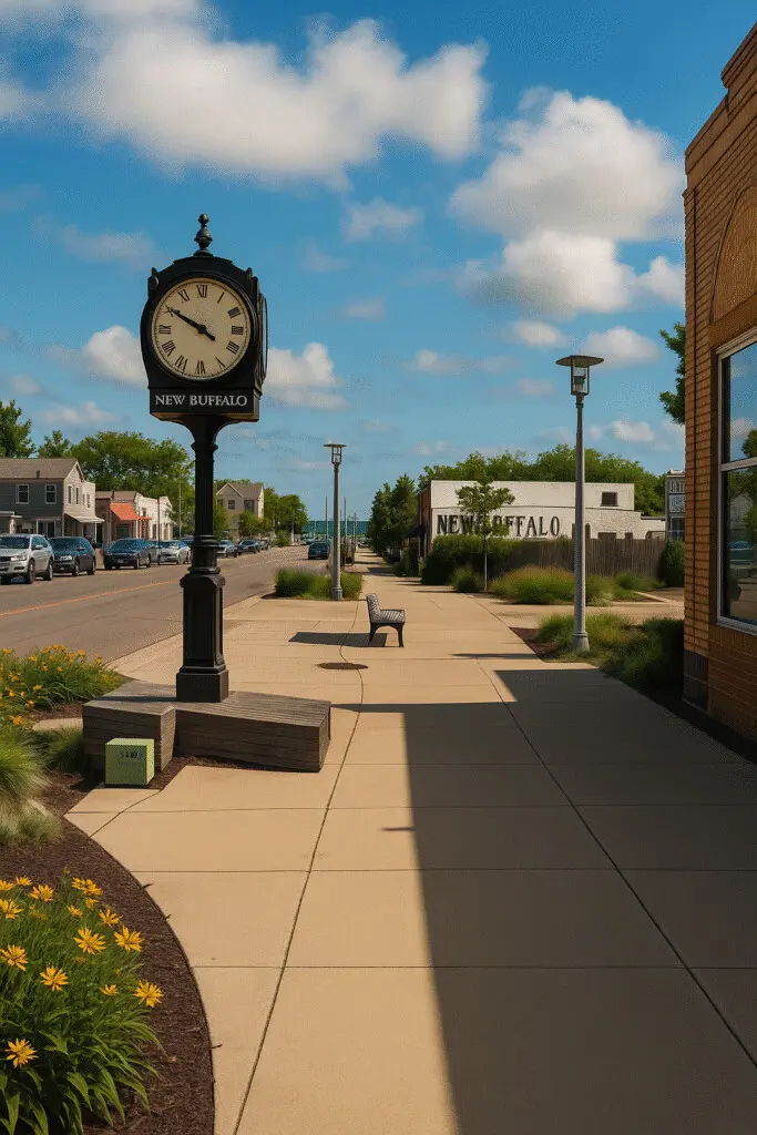 Downtown New Buffalo street scene on a sunny day featuring a vintage black New Buffalo clock, landscaped flower beds, a brick storefront, and a view down a clean, walkable sidewalk toward the marina.