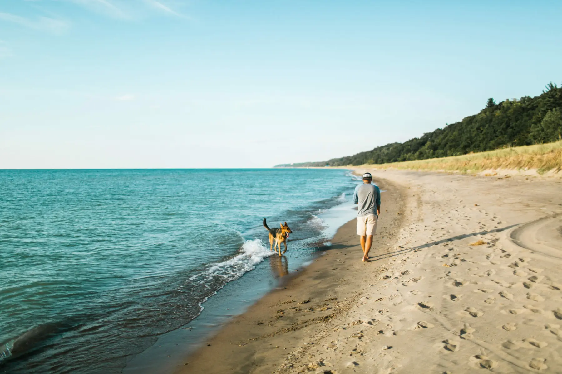 Man walking his dog along Lake Michigan near Copper Top Ridge
