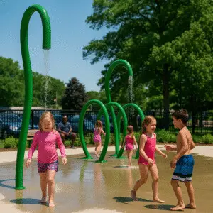 Kids playing under green sprayers at the New Buffalo Township splash pad, one of the top things to do with kids in New Buffalo, and things to do with kids in Southwest Michigan.