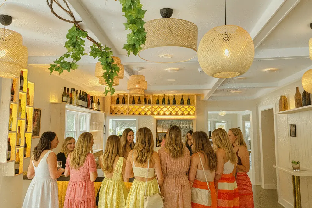A group of women enjoying a wine tasting inside Solasta Winery near New Buffalo, one of the best wineries and tasting rooms near New Buffalo.