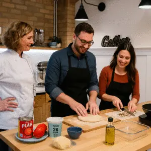 Couple enjoying cooking classes in Southwest Michigan during a hands-on date night experience.