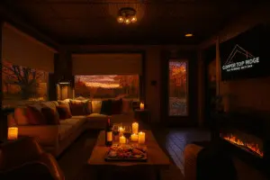 Romantic cottage weekend living room at Copper Top Ridge with candles, wine, charcuterie, and electric fireplace overlooking autumn sunset in New Buffalo, Michigan.