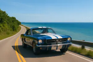 A classic blue Mustang cruises along a winding Lake Michigan highway, the perfect scene for road trippers heading to car shows in Southwest Michigan. With panoramic lake views and clear skies, it captures the spirit of summer cruising near New Buffalo.