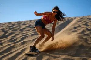 Woman sandboarding on Lake Michigan Dunes at Warren Dunes State Park.