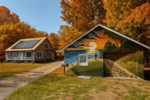 Copper Top Ridge Thanksgiving vacation rental in Michigan with autumn colors Thanksgiving vacation rental Michigan at Copper Top Ridge with fall foliage, mural garage, and solar-roof cottage in Southwest Michigan.