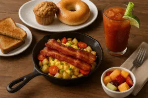 Breakfast in New Buffalo – skillet scramble with thick-cut bacon and a Bloody Mary on a rustic wooden table