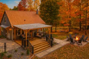 Copper Top Ridge vacation rental with fire pit and autumn foliage, perfect for Fall Getaways near Chicago.