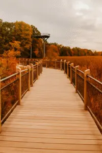 Galien River County Park Fall Boardwalk – Fall Getaways near Chicago Galien River County Park boardwalk and overlook surrounded by autumn foliage and brown wetlands grass near New Buffalo, Michigan — a highlight of Fall Getaways near Chicago.