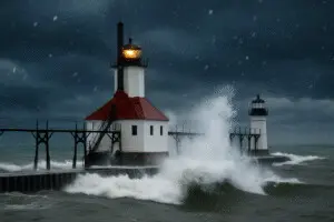 storm watching on Lake Michigan during a winter storm with snow at the St. Joseph lighthouses.
