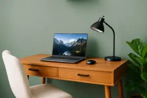 Work remotely in Southwest Michigan at Copper Top Ridge with a dedicated desk, task lamp, and laptop