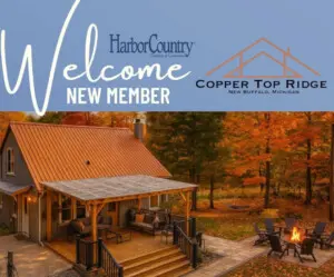 Harbor Country Chamber of Commerce | Welcome New Member Copper Top Ridge New Buffalo Michigan – Modern cottage with copper roof, outdoor fire pit, and autumn trees in Harbor Country.