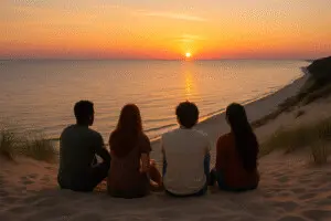 Four friends relaxing at Warren Dunes State Park after exploring Craft Cannabis in New Buffalo, watching a golden sunset over Lake Michigan.