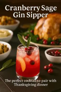 Thanksgiving Cocktails – Cranberry Sage Gin Sipper Cranberry Sage Gin Sipper Thanksgiving cocktail displayed in front of a soft-focus Thanksgiving dinner table, styled as a clean title-only Pinterest image.