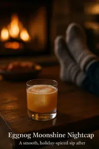 Eggnog Moonshine nightcap Eggnog Moonshine Nightcap cocktail on a rustic coffee table at Copper Top Ridge, translucent caramel-ivory color with froth and nutmeg, cozy socks and a roaring fireplace softly blurred in the background; warm Thanksgiving and holiday atmosphere.