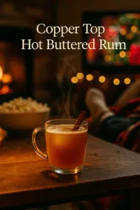 Thanksgiving Cocktails – Copper Top Hot Buttered Rum Copper Top Hot Buttered Rum cocktail on a rustic coffee table at Copper Top Ridge, warm golden color with steam rising, a glowing fireplace and blurred holiday movie scene in the background; part of our Thanksgiving cocktails collection.