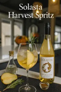 Thanksgiving Cocktails – Solasta Harvest Spritz at Copper Top Ridge Solasta Harvest Spritz cocktail on the Copper Top Ridge kitchen island with pear slices, rosemary, elderflower liqueur, and a Solasta white wine bottle in the background; part of the Thanksgiving cocktails collection.