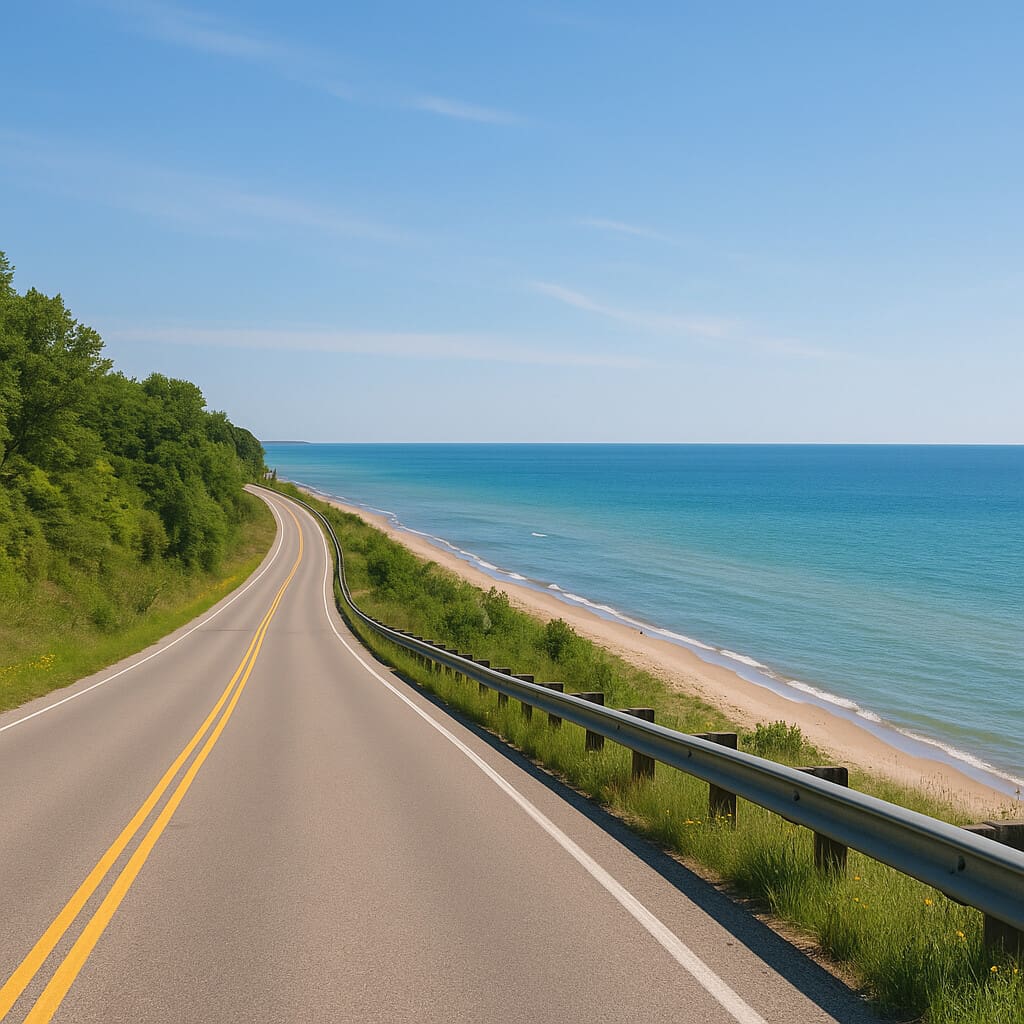 Scenic road curving into the woods on a one day road trip from New Buffalo Michigan