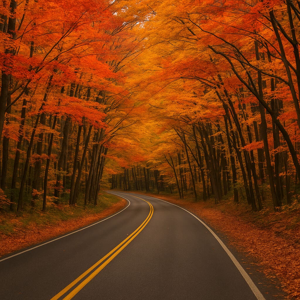 Winding road through vibrant fall foliage in the Tunnel of Trees, a top destination for fall color in Southwest Michigan