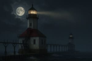 Haunted lighthouse at night in St. Joseph, tied to the haunted history of Southwest Michigan
