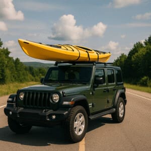Jeep with yellow kayak on roof parked during a scenic Michigan road trip