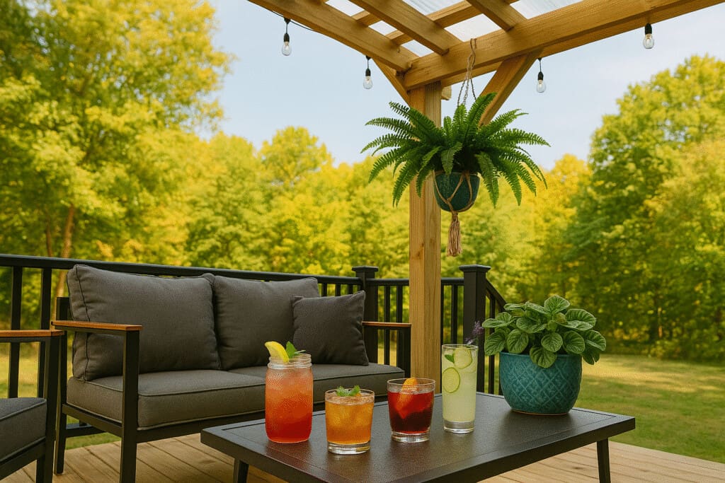 Late-summer cocktails served under the pergola at Copper Top Ridge, including a Featherbone Rye Boulevardier, huckleberry lemonade, smoky peach smash, and lavender cucumber gin fizz — all styled on a cozy patio surrounded by forest greenery.