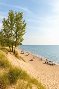 Visitors relax under colorful umbrellas at Oval Beach, one of the top Lake Michigan beaches, with blue skies and waves in the background.