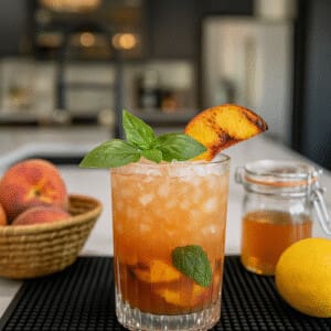 Smoky Peach Smash cocktail served in a textured glass on a marble countertop at Copper Top Ridge, garnished with basil and a grilled peach slice, surrounded by fresh peaches, a jar of honey, and a lemon.