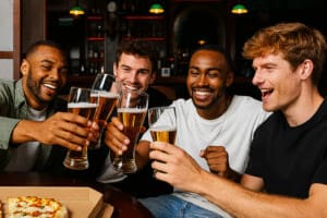 Four men celebrating a bachelor party in New Buffalo, clinking beer glasses and laughing at a bar table with pizza in front of them.