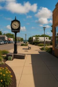 Downtown New Buffalo street scene on a sunny day featuring a vintage black New Buffalo clock, landscaped flower beds, a brick storefront, and a view down a clean, walkable sidewalk toward the marina.